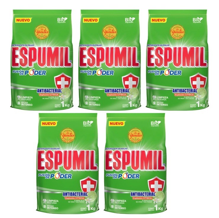 5 Pck Detergente En Polvo Espumil Antibacterial De 1kg C/U laundry Detergen