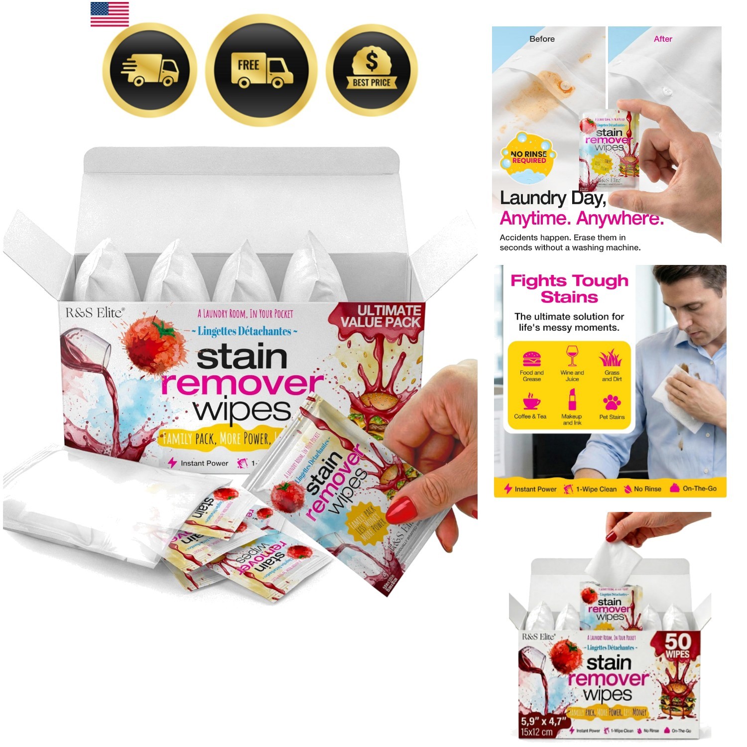 Stain Remover Wipes, 50 Count, Individually Wrapped, Instant Stain Remover | …