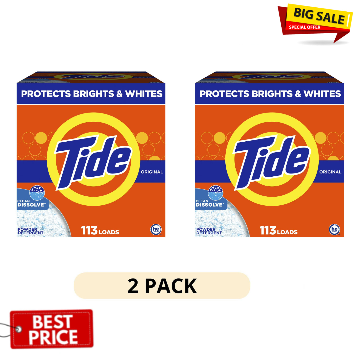 2 Pack Tide Powder Laundry Detergent Original Scent 129oz 113 Loads High Efficie