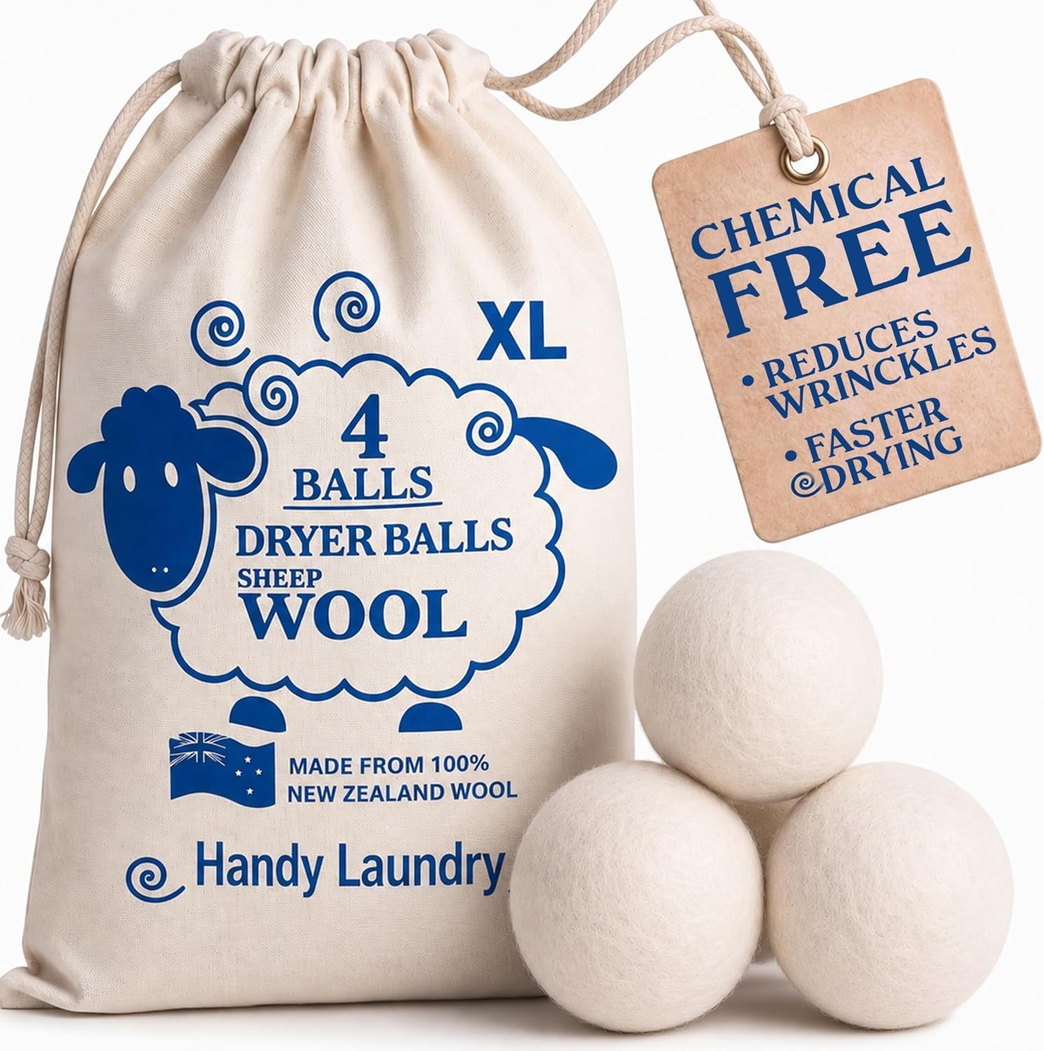100% New Zealand Wool Dryer Balls 4-Pack – Reduce Static and Wrinkles Naturally