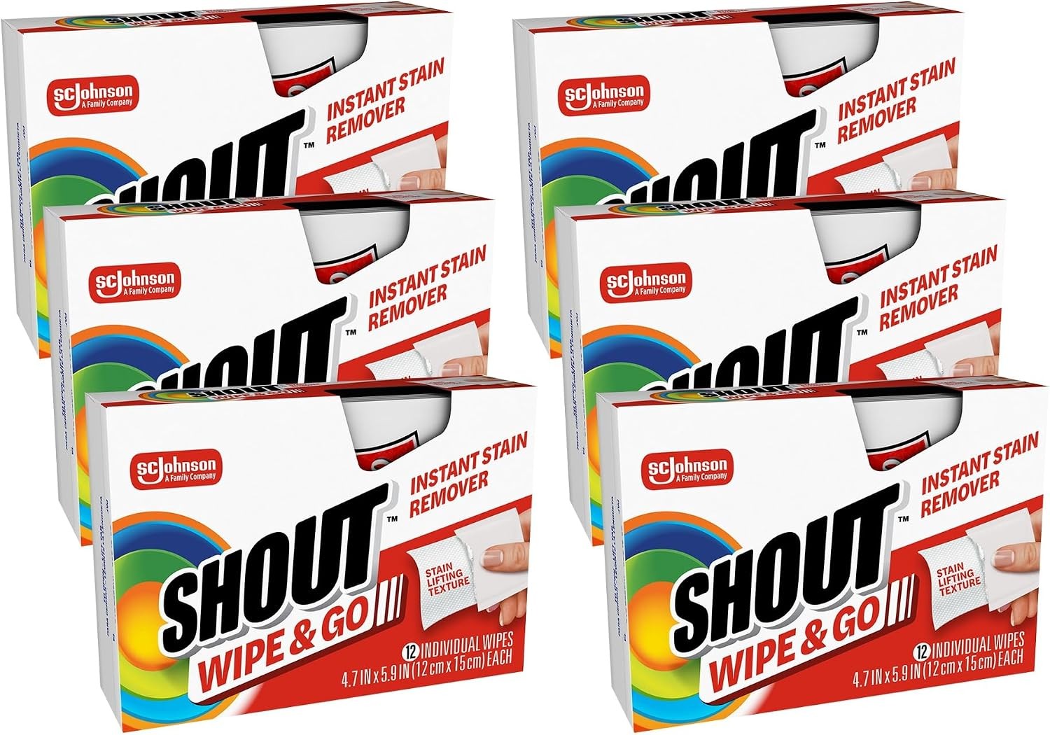 Shout Wipe & Go Instant Stain Remover Wipes – 12 Count (Pack of 6) – 72 Total
