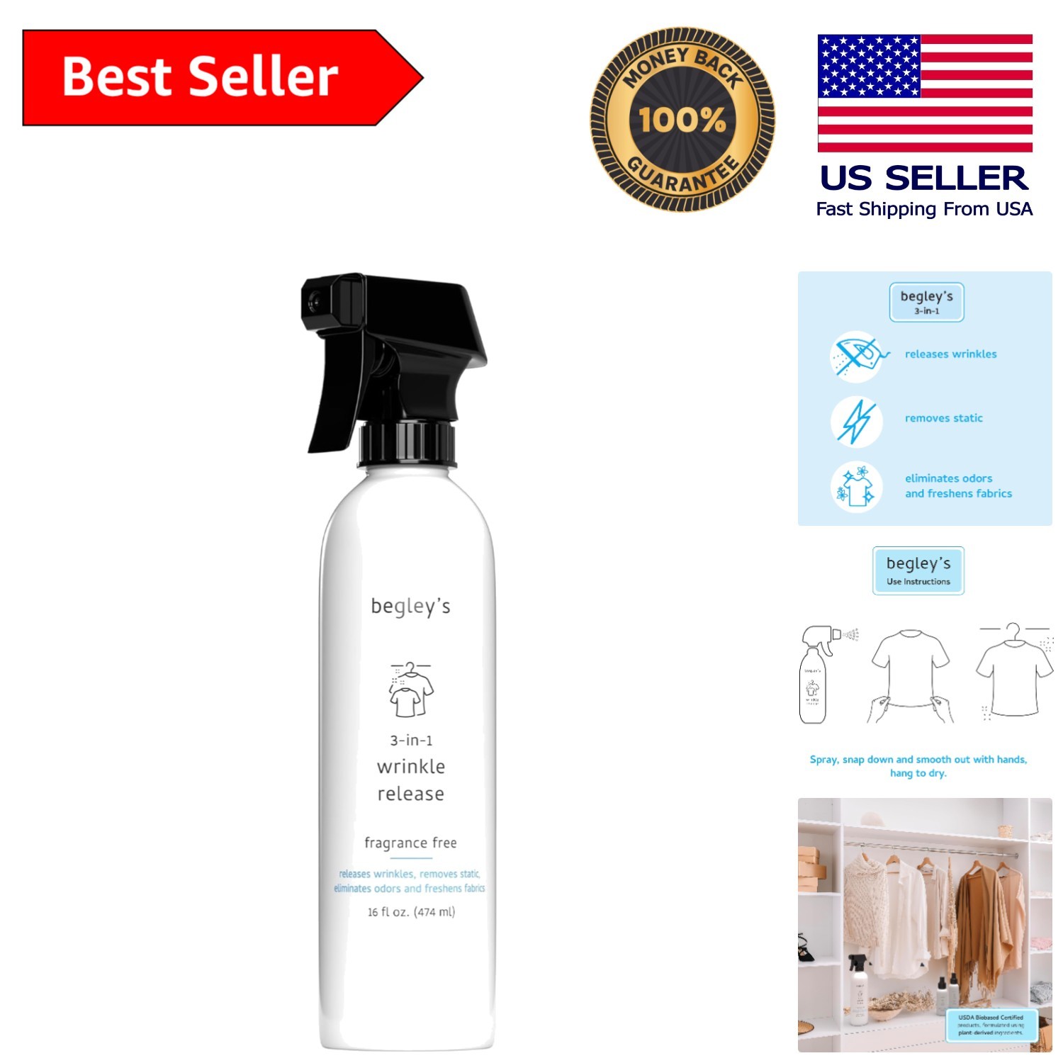 Fragrance-Free USDA Biobased Wrinkle Release Spray – Instant Freshness 16 oz