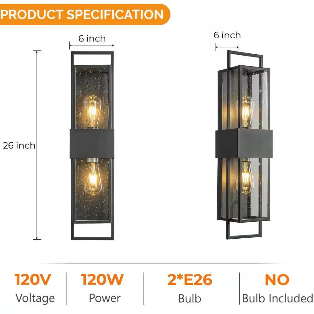 H26 In. 2-Light Modern Outdoor Wall Light W/ Dusk to Dawn Sensor Black Exterior