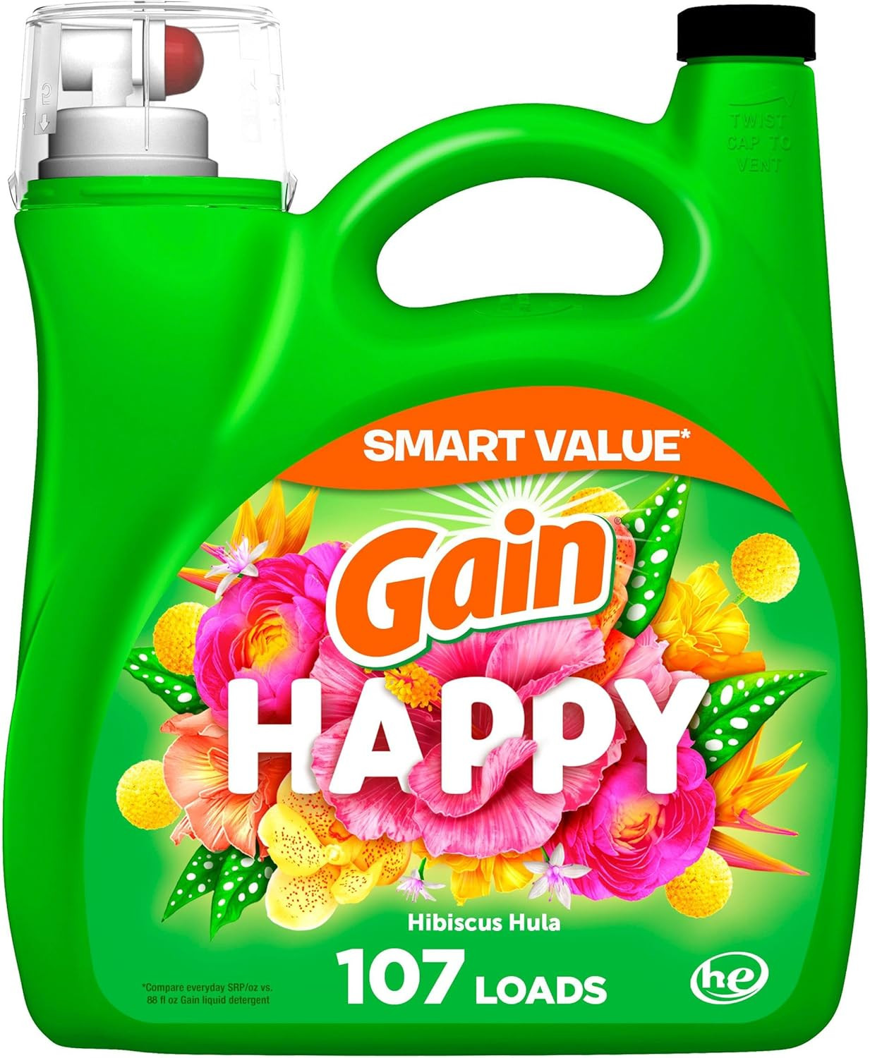 Gain Liquid Laundry Detergent, Happy, HE Compatible, 154 Fl Oz, 107 Loads