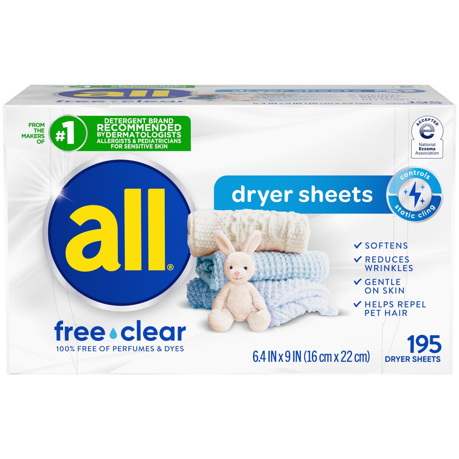 Fabric Softener Dryer Sheets for Sensitive Skin, Free Clear, 195 Count