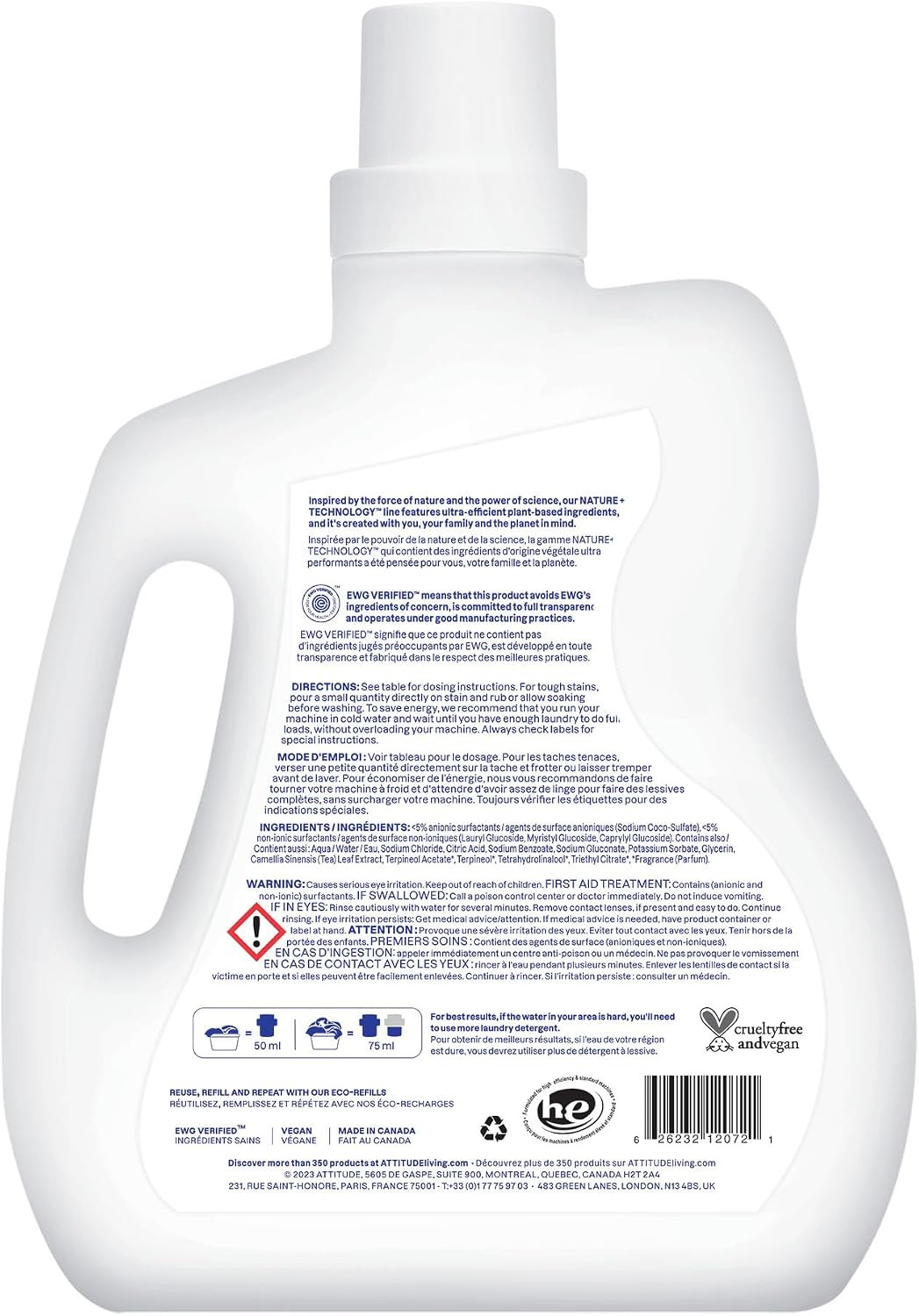 ATTITUDE Liquid Laundry Detergent, EWG Verified, HE Compatible, Plant-Based