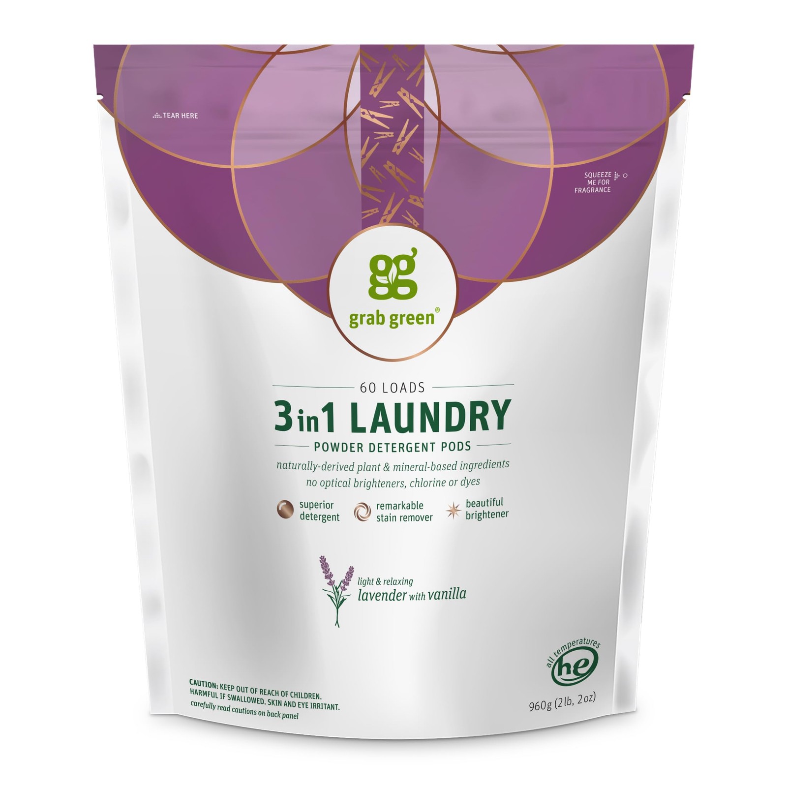 Grab Green Natural 3 in 1 Laundry Detergent Pods, 60 Count (Pack of 1), White