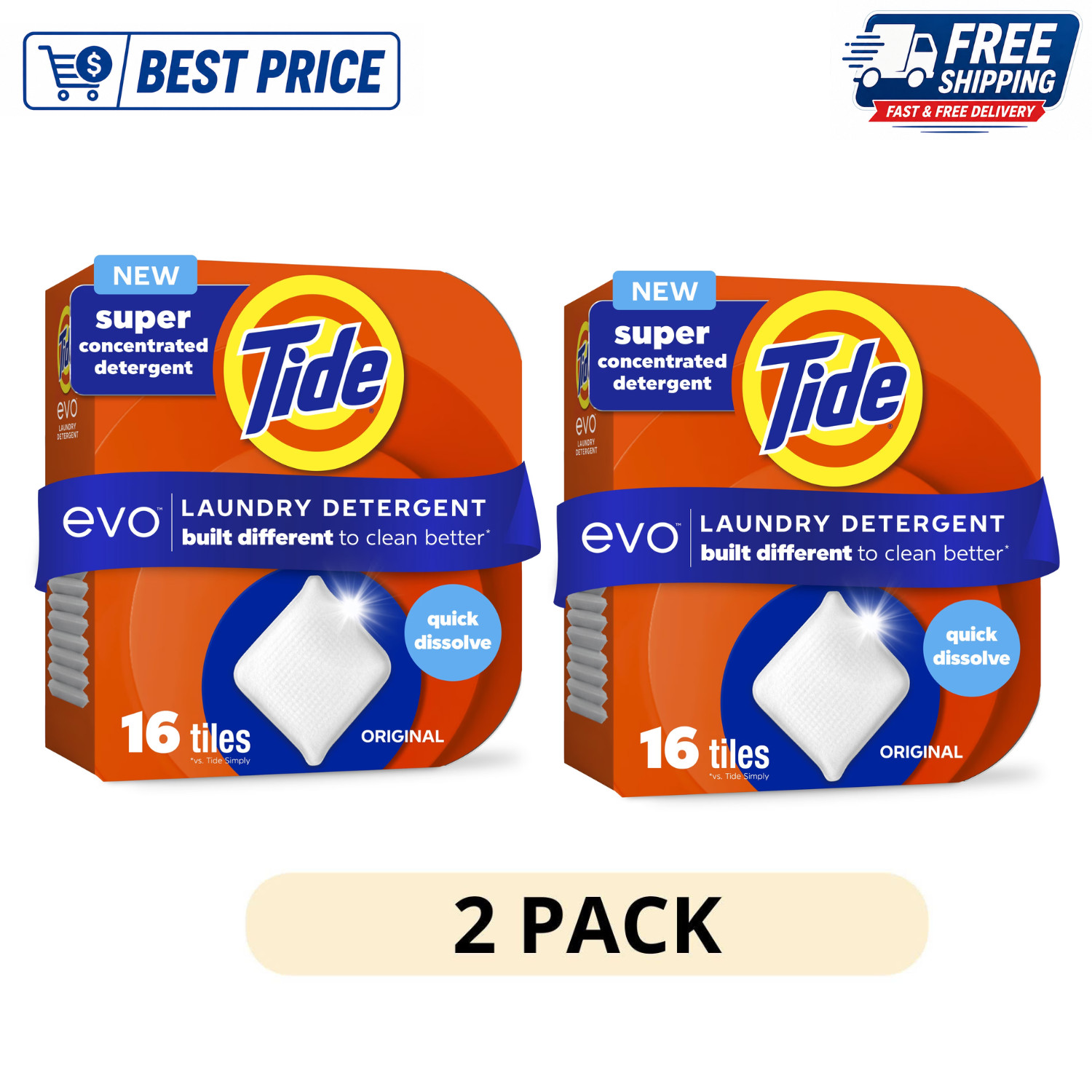 (2 Pack) Tide Evo 100% Concentrated Laundry Detergent Tiles, 16 Count Original