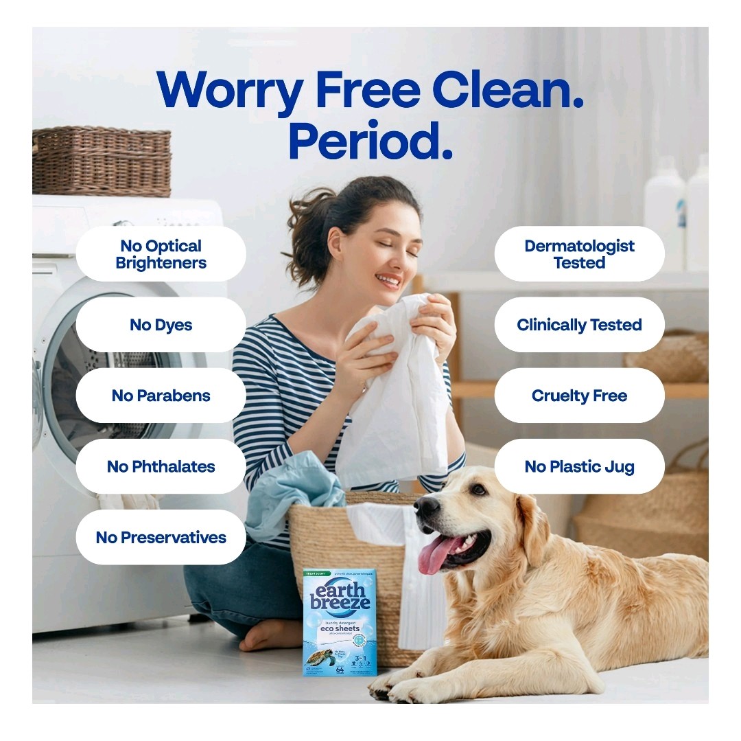 Earth Breeze Laundry Detergent Sheets, Fresh Scent Eco Sheets 30 Count 60 Loads.