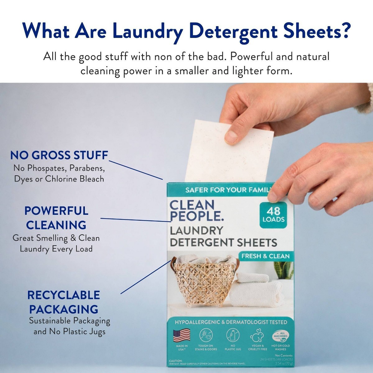 Laundry Detergent Sheets – Fresh & Clean – 48 Loads: Hypoallergenic, Dye-Free