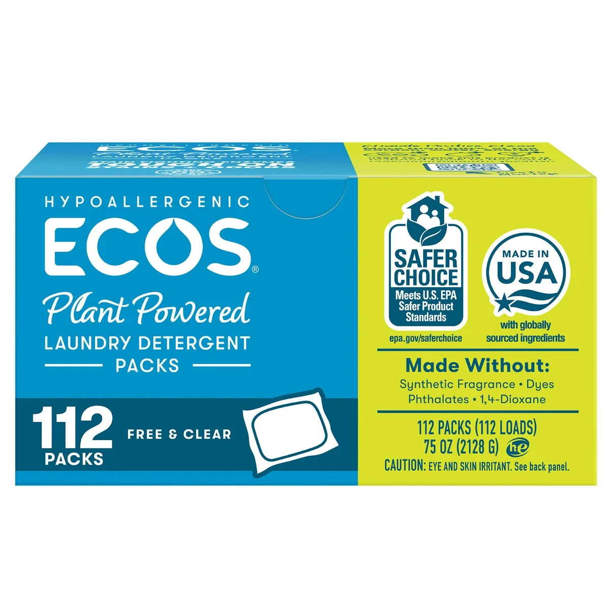 ECOS ECO FRIENDLY LAUNDRY DETERGENT SOAP PACKS NON TOXIC FREE & CLEAR HE 112 PCK