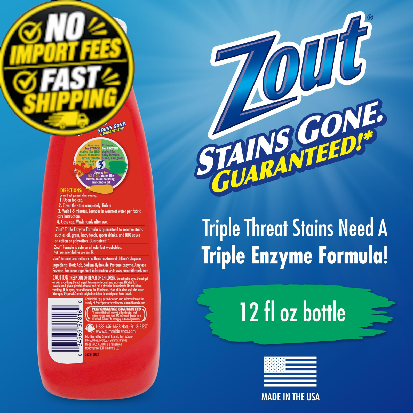 Zout Laundry Stain Remover, Triple Enzyme 12 Fl Oz (Pack of 1), No Color