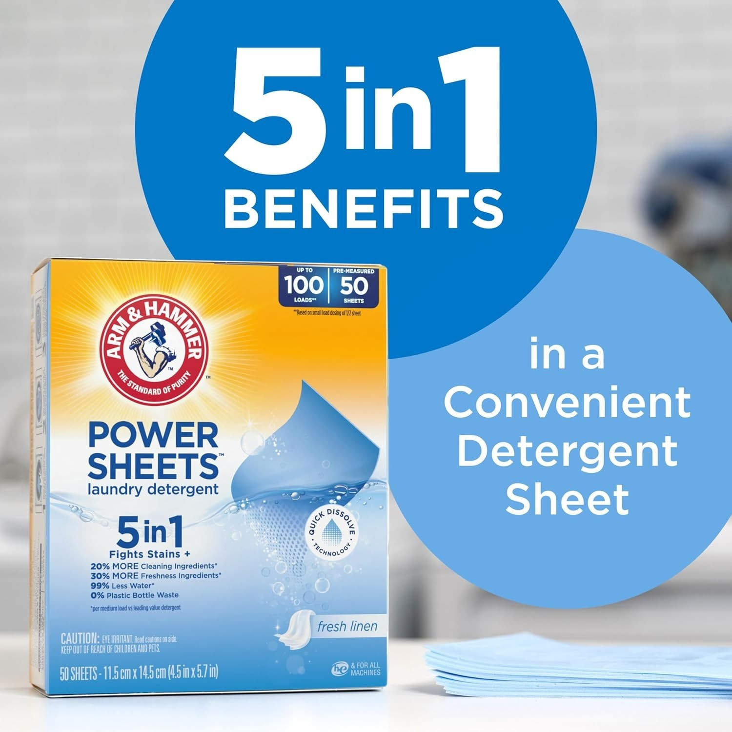Arm & Hammer Power Sheets Laundry Detergent Fresh Linen 50ct up to 100 Loads