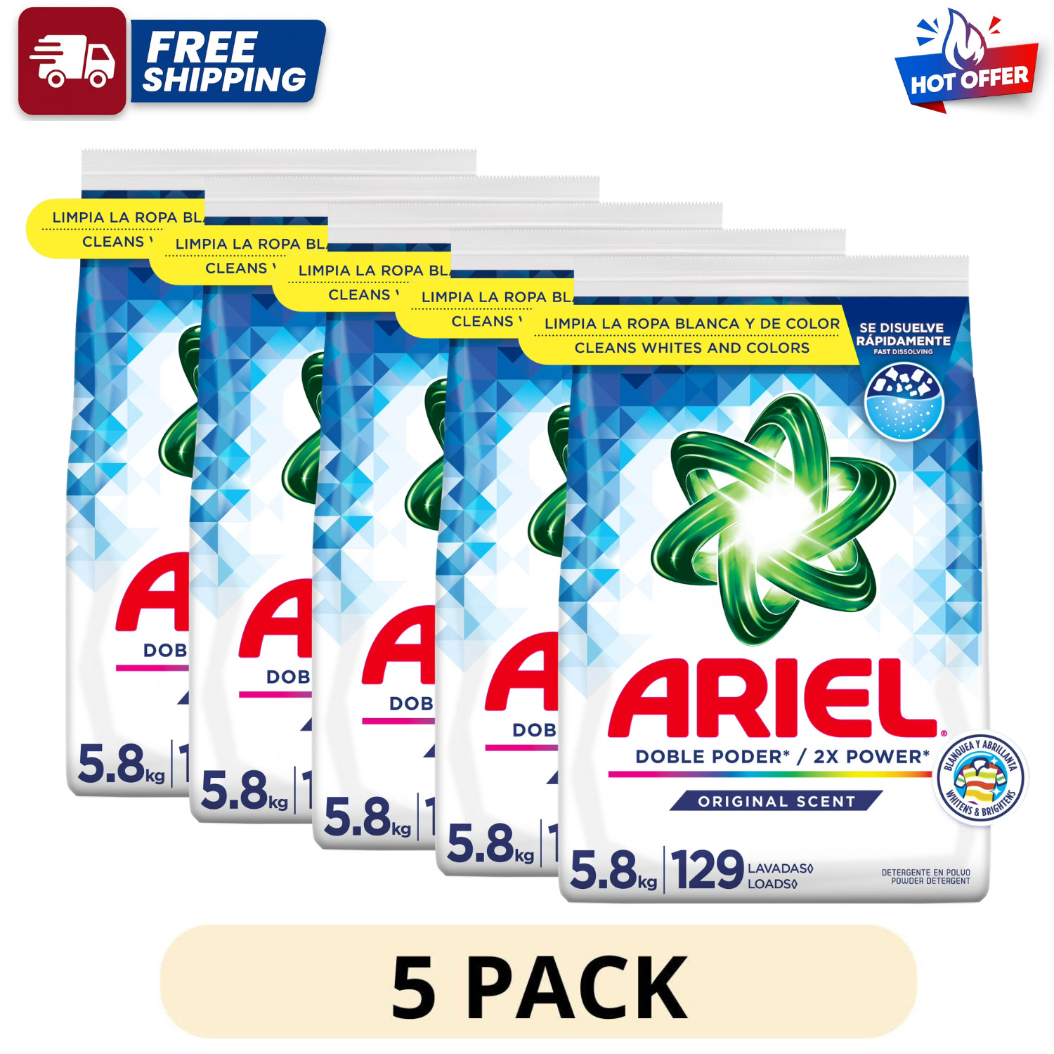 5 Pack Ariel Powder Laundry Detergent Original 5.8 kg 129 Loads Bag
