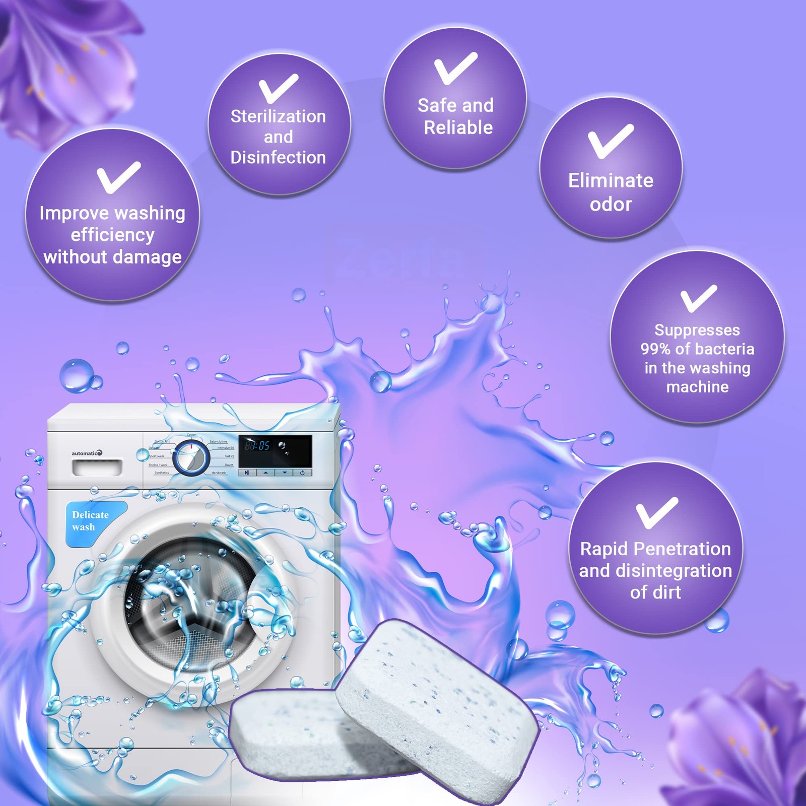 Zerfa 24 Pcs Lavender Washing Machine Deep Cleaner Tablets – 504g Descaler