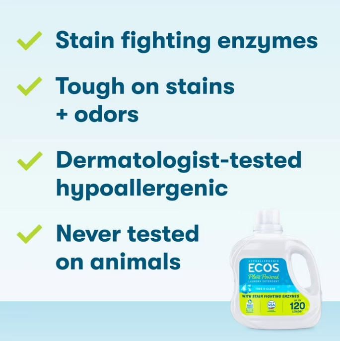 (4 pack) ECOS Hypoallergenic for Sensitive Skin, Free & Clear 120 Loads 110 oz