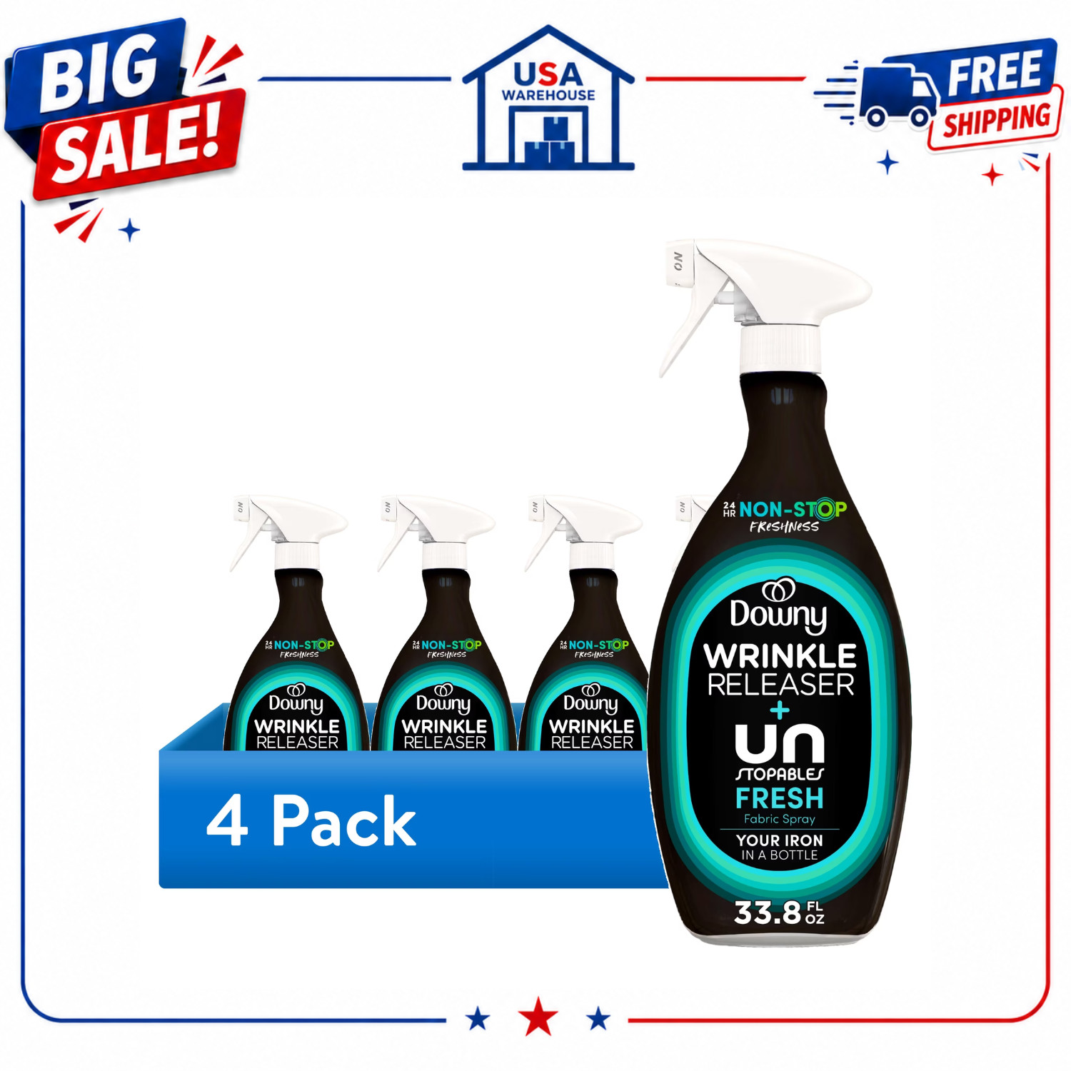 4PK Downy Wrinkle Releaser & Refresher Fabric Spray Unstopables Fresh 33.8 fl oz