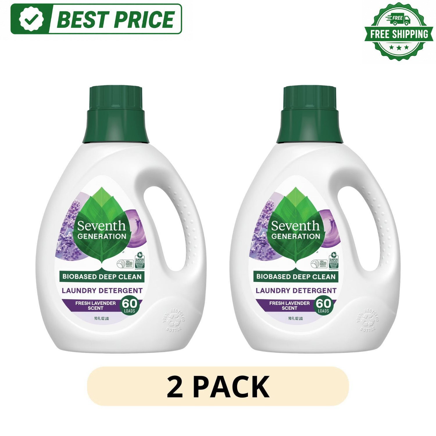 (2 Pack) Seventh Generation Lavender Liquid Laundry Detergent 90oz 60 Loads