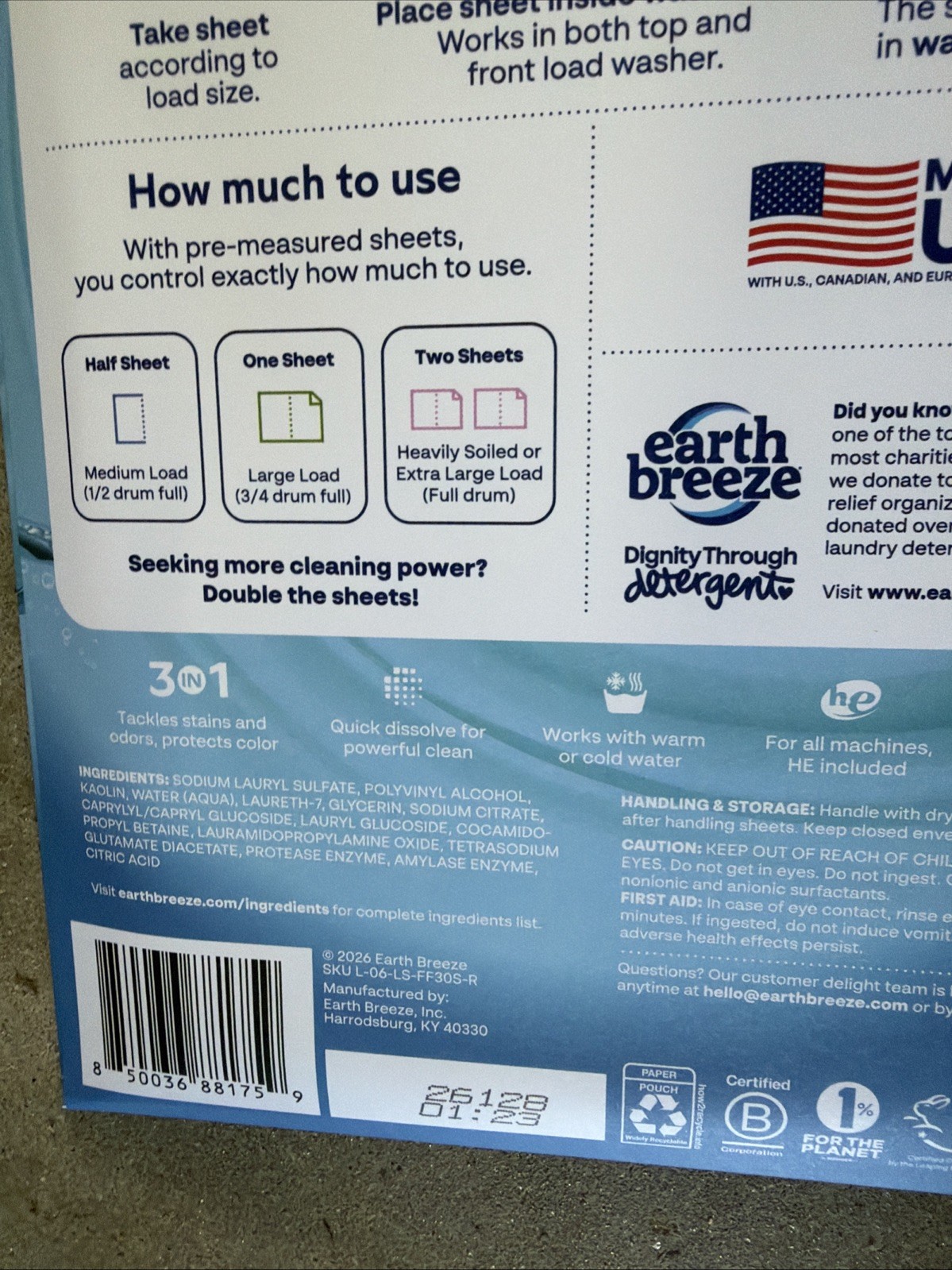 Full Case Earth Breeze Laundry Detergent Sheets-Fragrance Free (480 Loads) 8 Pks