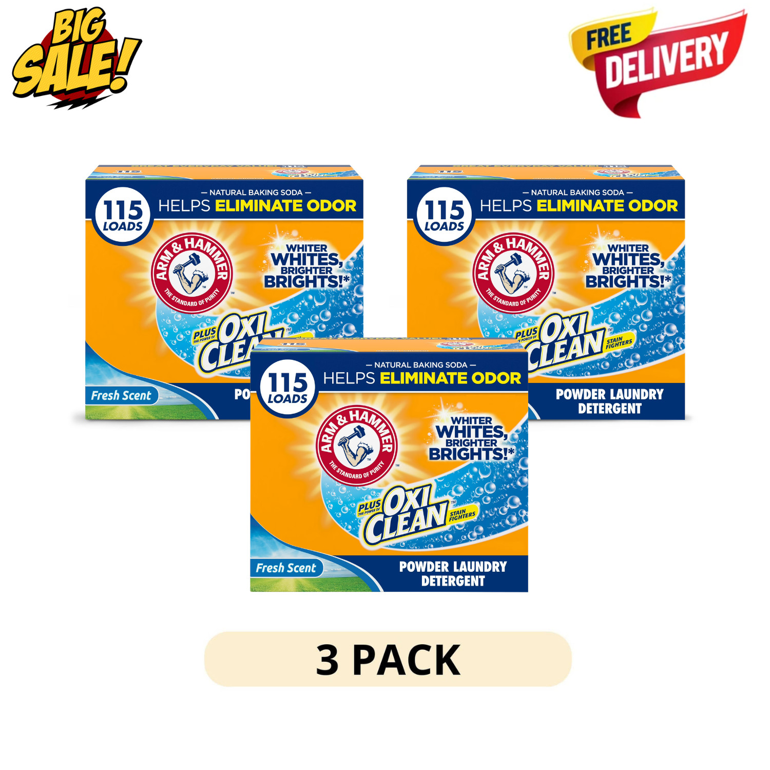 3 Pack Arm Hammer Plus OxiClean Powder Laundry Detergent 115 Loads Fresh Scent