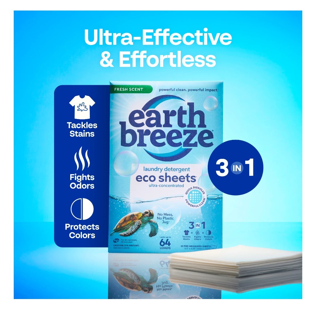 Earth Breeze Laundry Detergent Sheets, Fresh Scent Eco Sheets 30 Count 60 Loads.