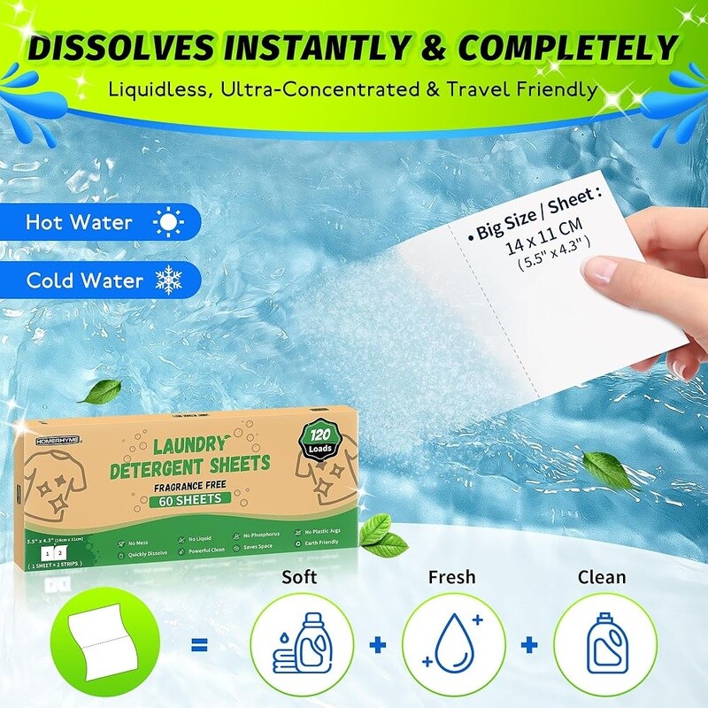 Eco Friendly Laundry Detergent Strips Unscented 120 Loads Travel Plastic Free US