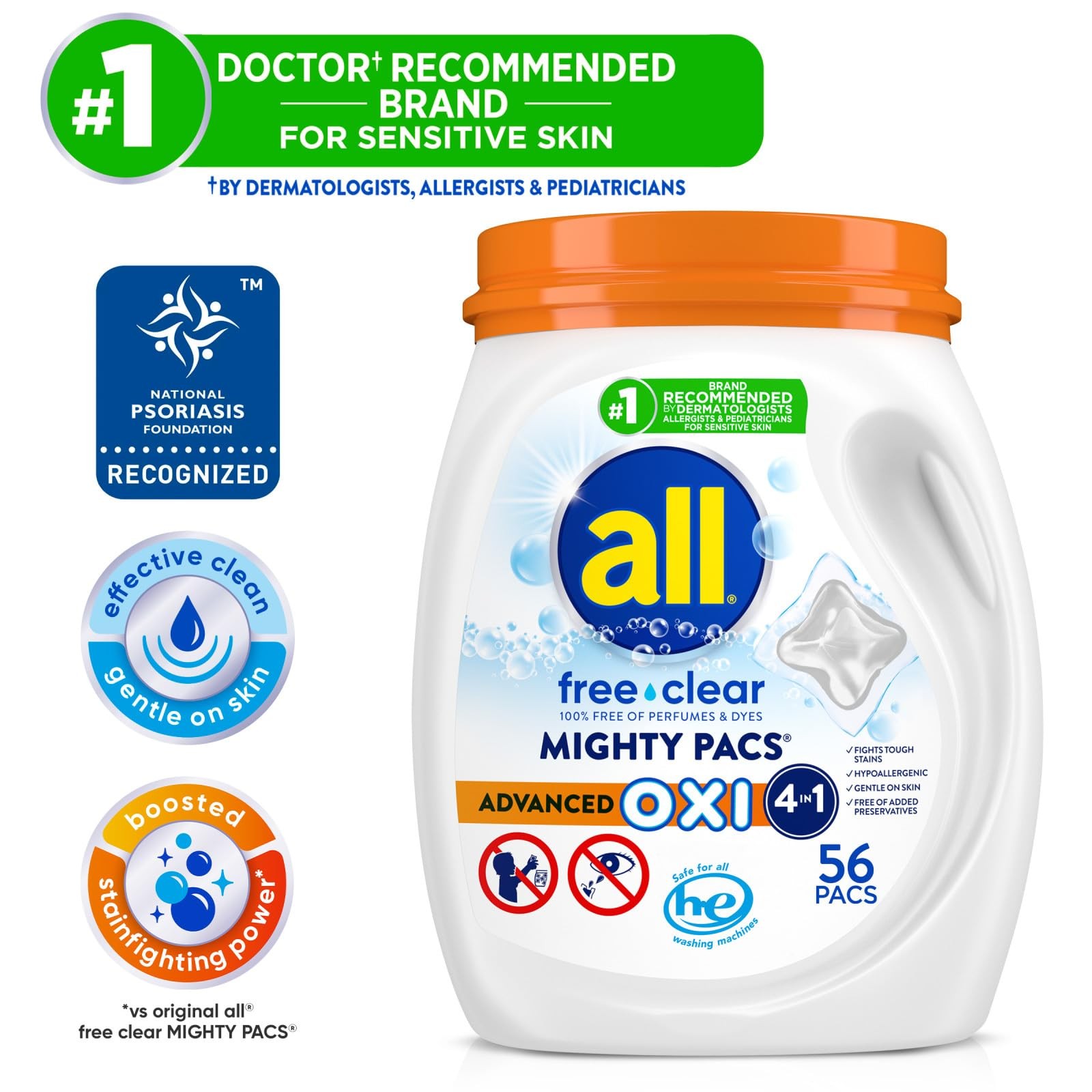 all Unit Dose Laundry Detergent, Mighty Pacs, Free Clear, OXI, 72 Count