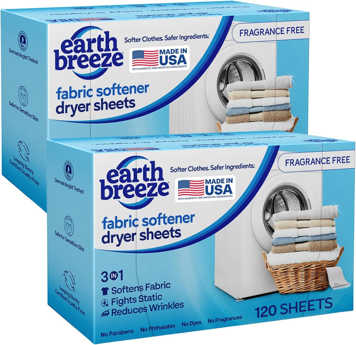Earth Breeze Fabric Softener Dryer Sheets – Fragrance Free, Hypoallergenic, No H