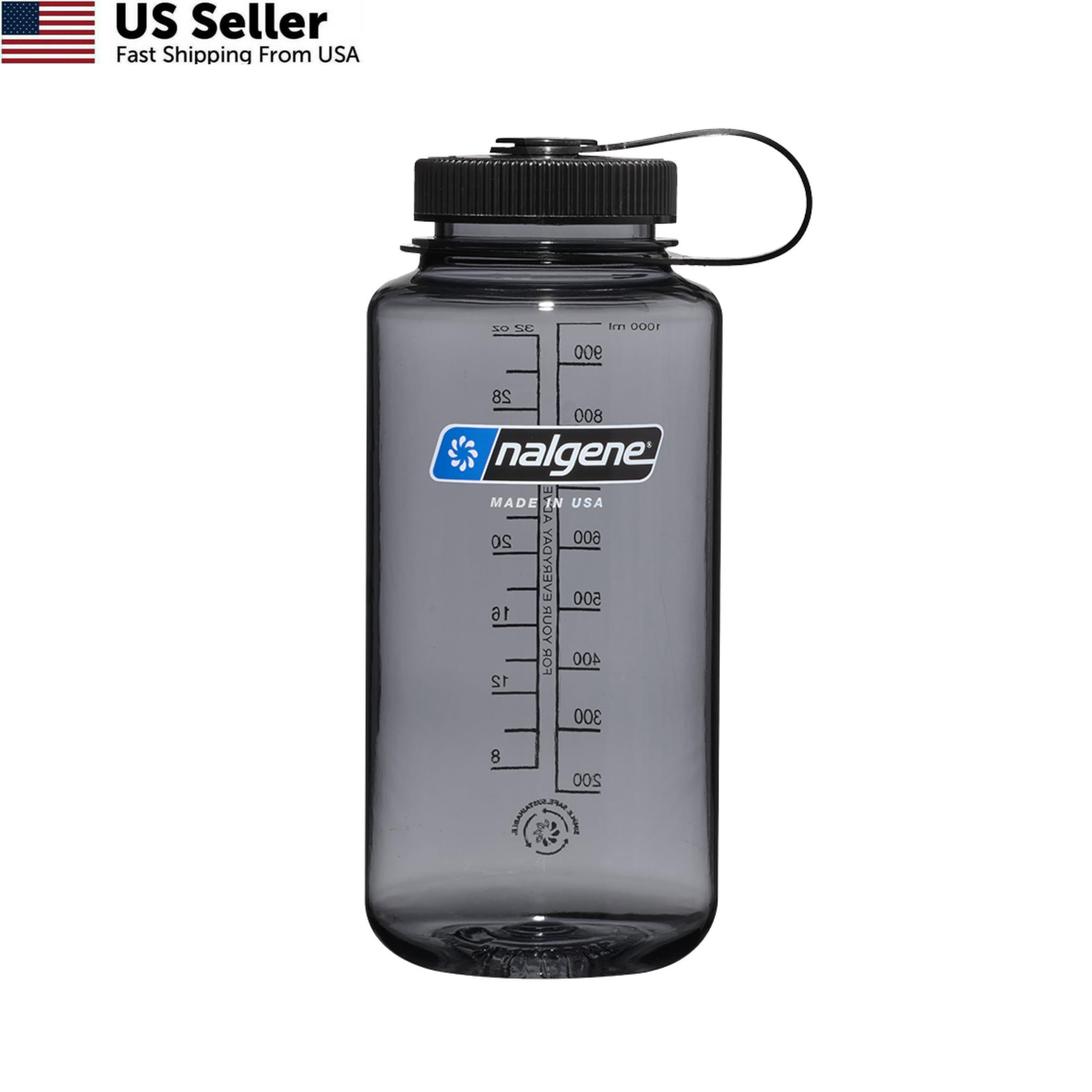 Nalgene 32 oz Wide Mouth Water Bottle | 32 Ounces, Gray w/ Black Lid