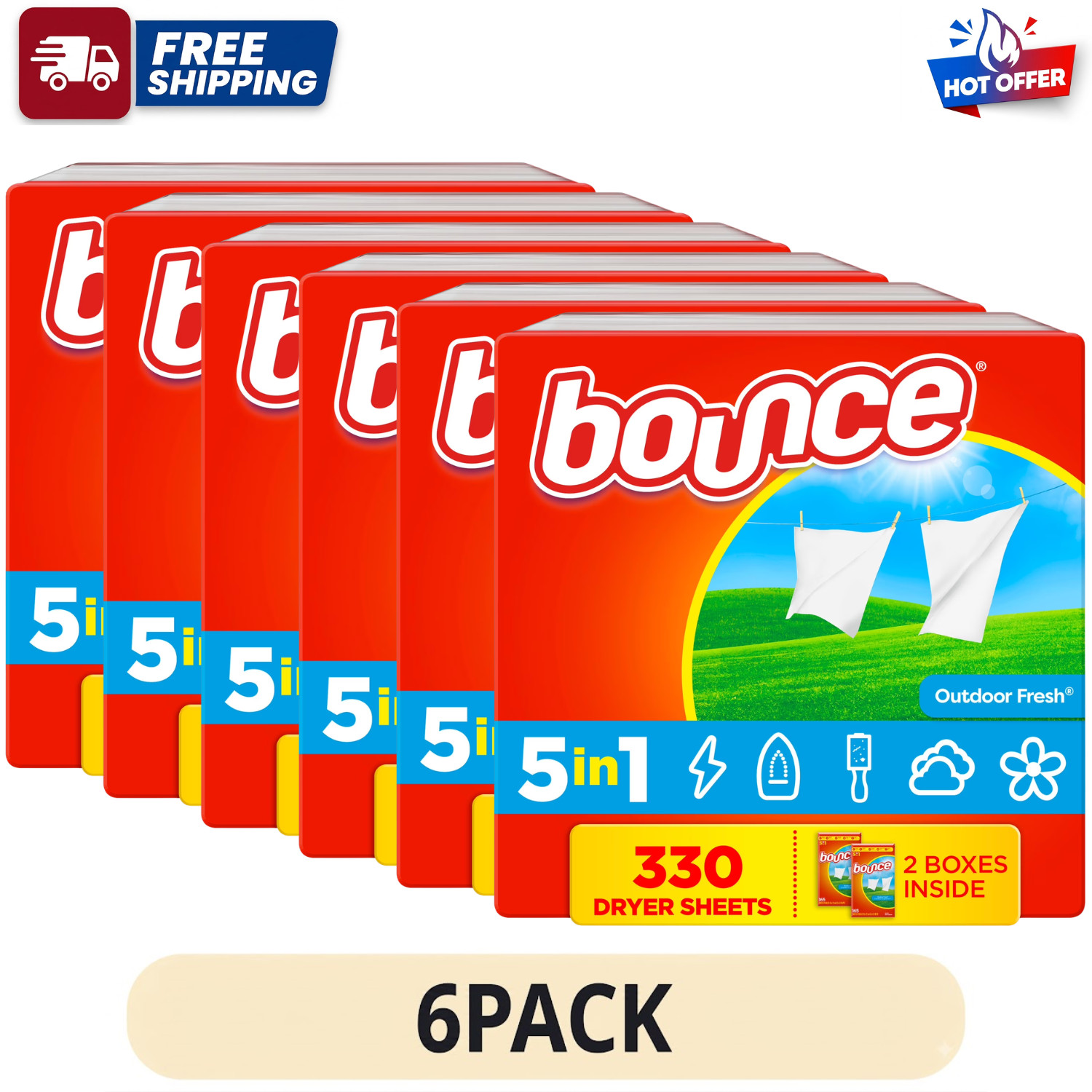 6 Pack Bounce Outdoor Fresh Dryer Sheets Fabric Softener Static Guard 330 Count