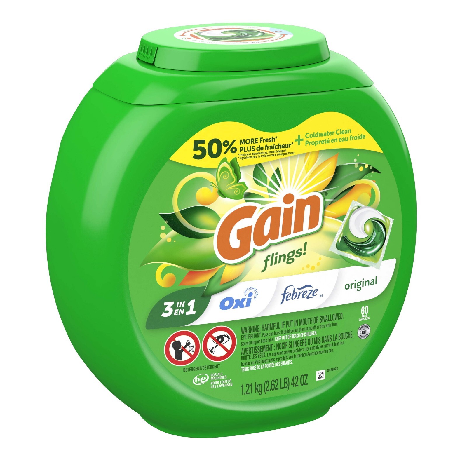 3 PACK Gain Flings Laundry Detergent Packs with Oxi Boost and Febreze, 60 Count
