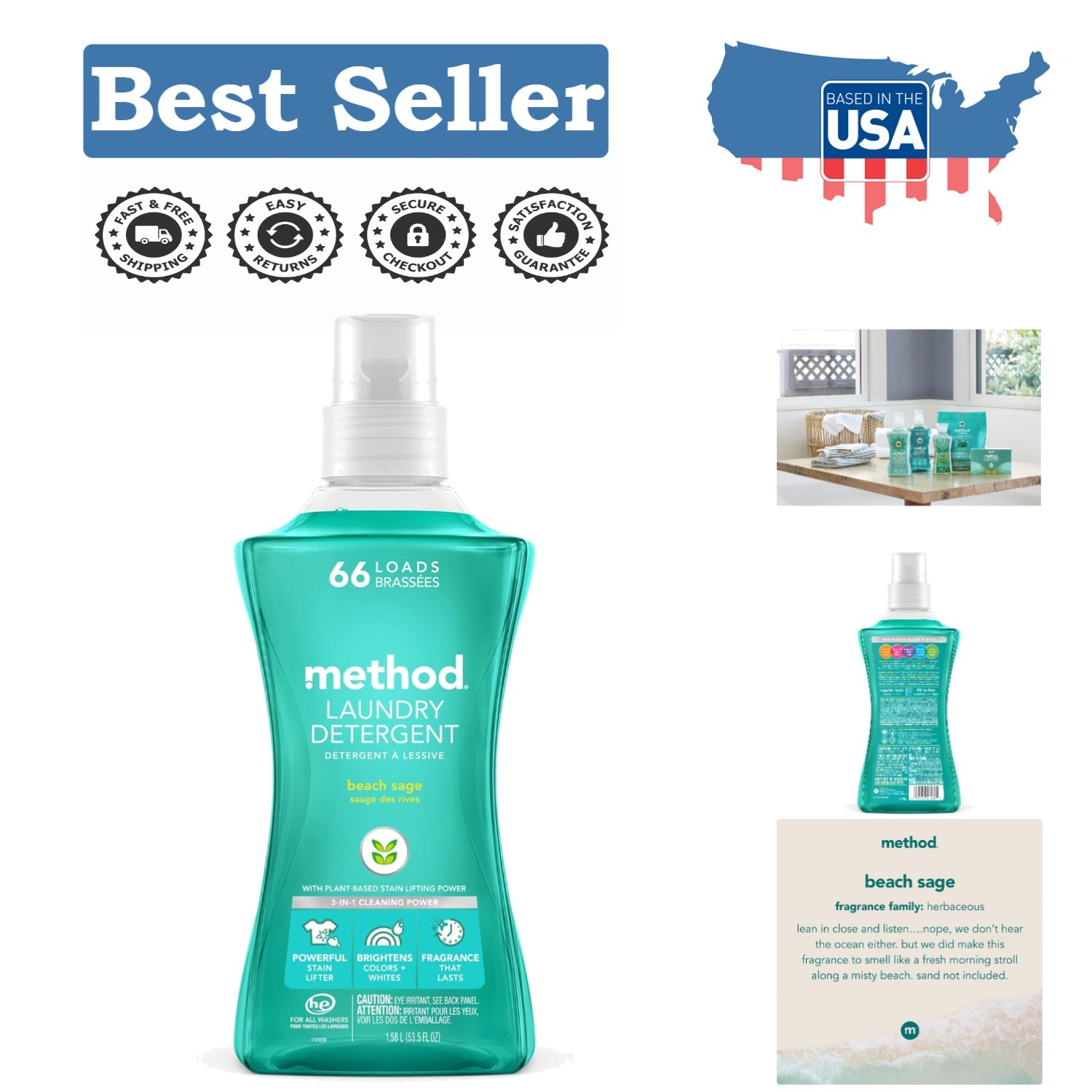 Method Beach Sage Liquid Laundry Detergent – 53.5 oz – 66 Loads, Hypoallergenic
