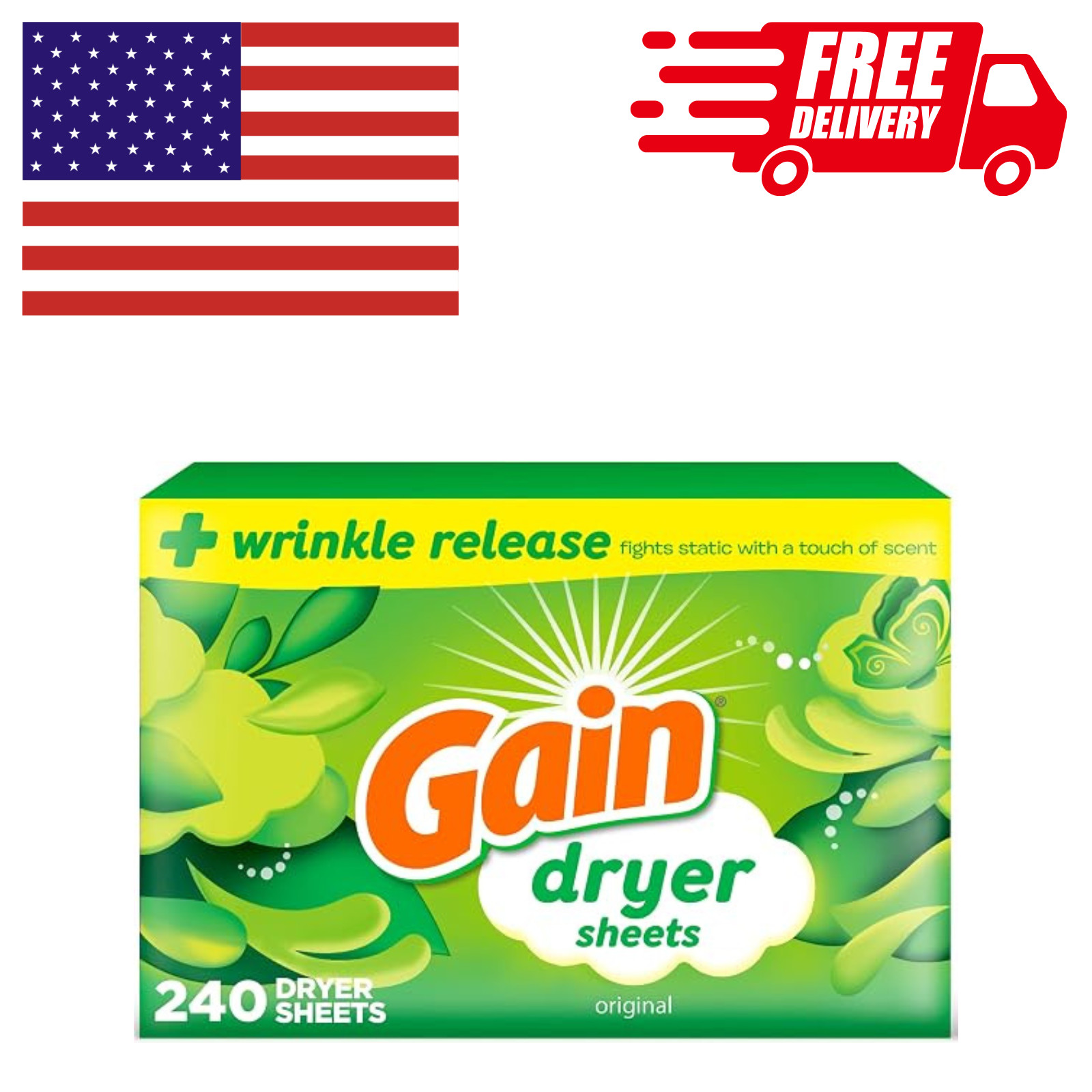 Gain Dryer Sheets Laundry Anti-Static Fabric Softener, Original Scent, 240 Count