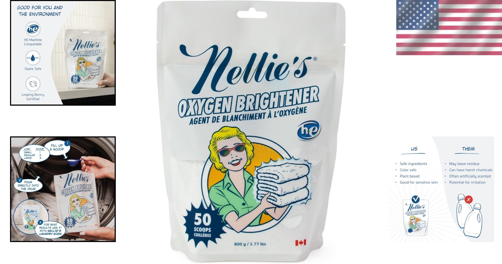 Nellie’s Oxygen Brightener – 50 Scoops Powder Stain Remover for Brighter Laundry