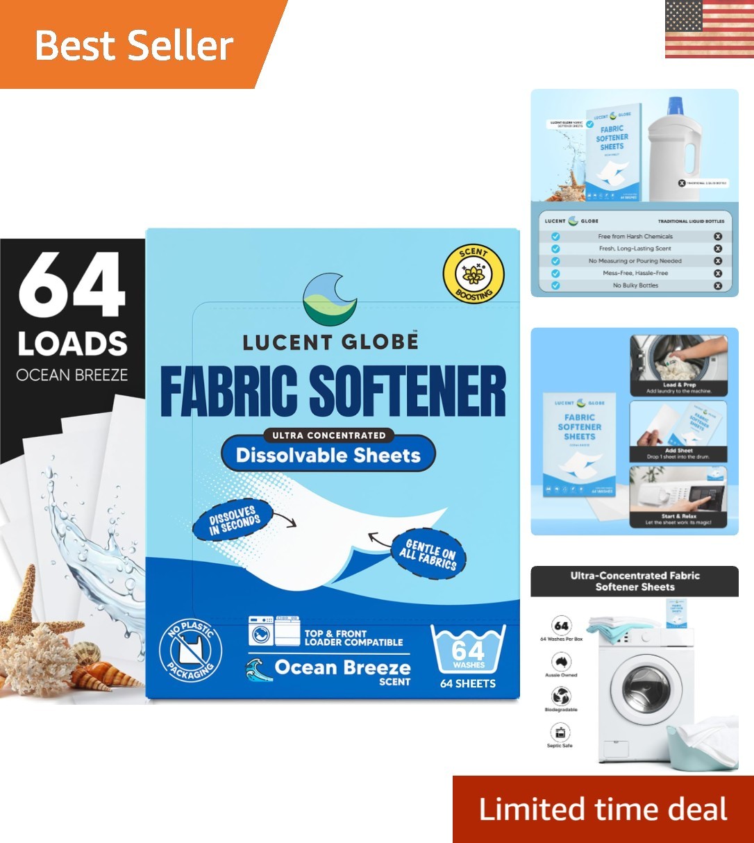 Travel-Ready Fabric Softener Sheets – 64 Ocean Breeze Sheets, Chemical-Free Care