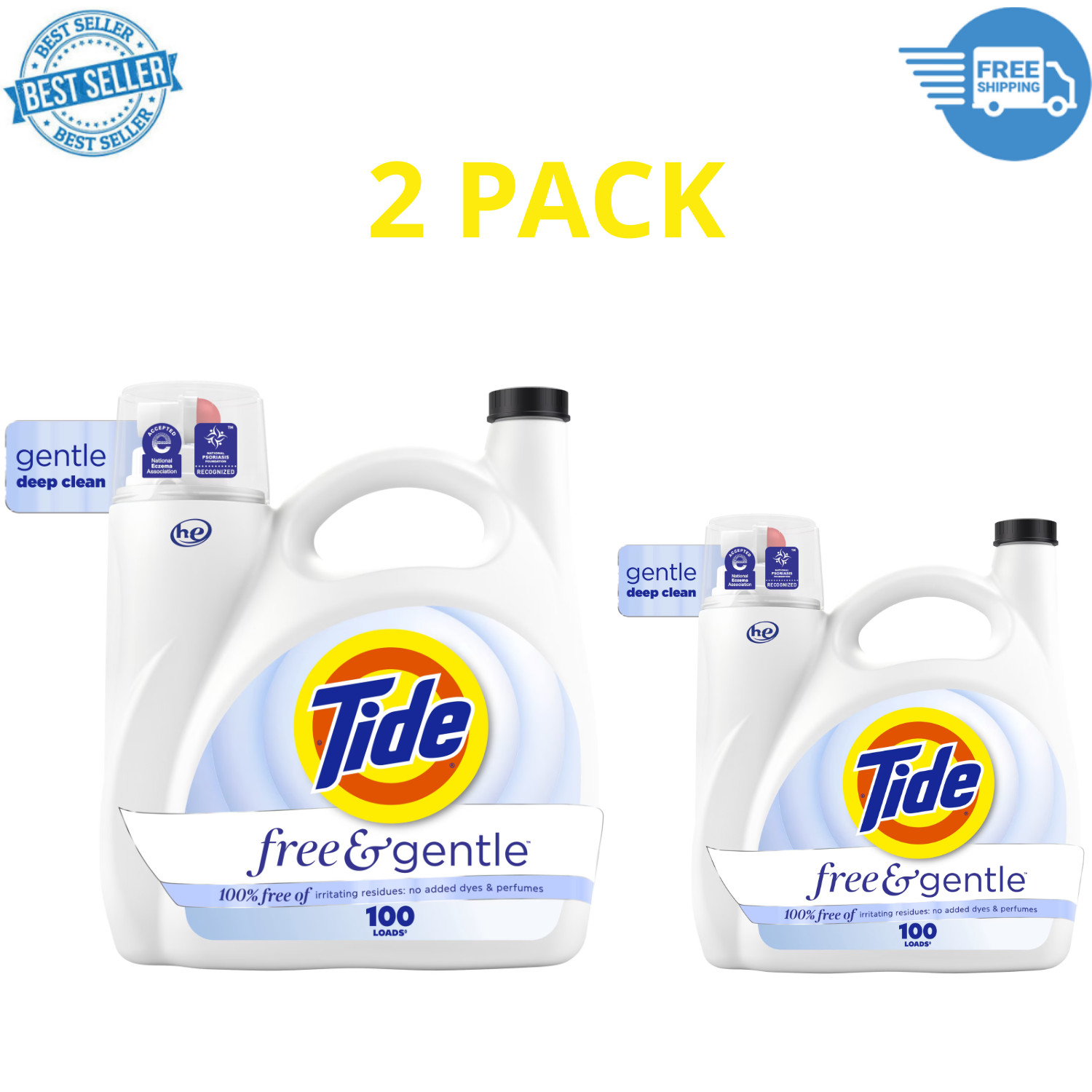 Tide Free Gentle Laundry Detergent Liquid 132oz 100 Loads Unscented, 2 Pack