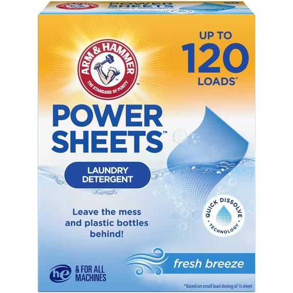 ARM & HAMMER Power Sheets Laundry Detergent, Fresh Breeze, 60 Count, Up to 120 S
