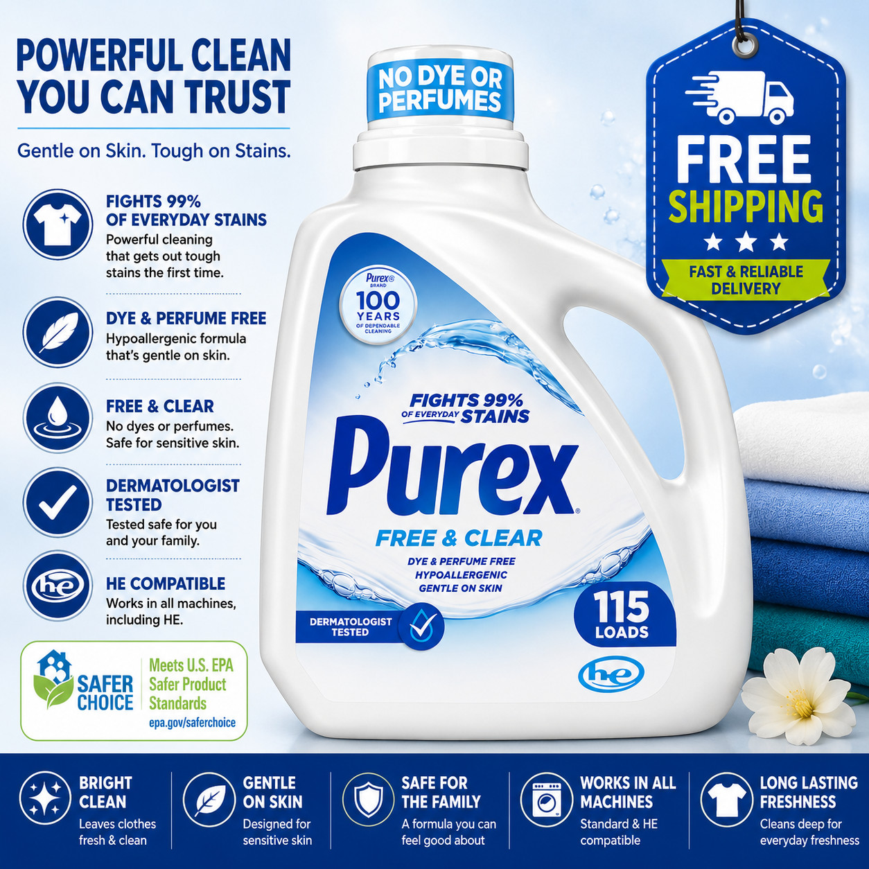 Purex Free & Clear Liquid Detergent, Sensitive Skin, 150 fl oz, 115 loads