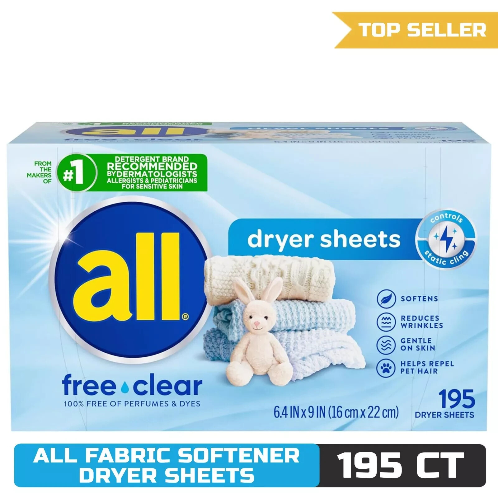 All Fabric Softener Dryer Sheets for Sensitive Skin, Free Clear, 195 Count