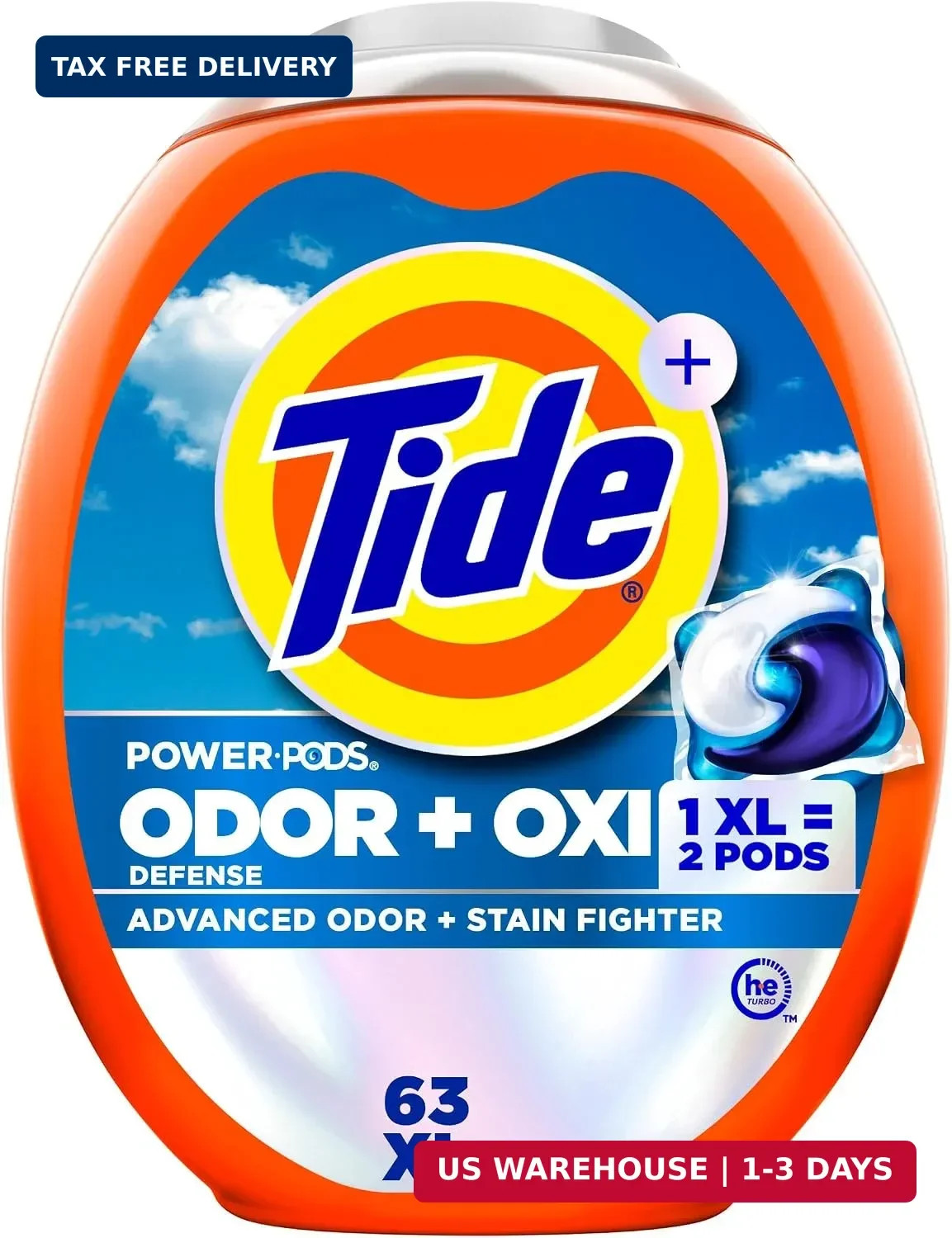 Tide Odor Defense + Oxi Laundry Detergent Pacs, Original Scent, 63 Count, Advanc