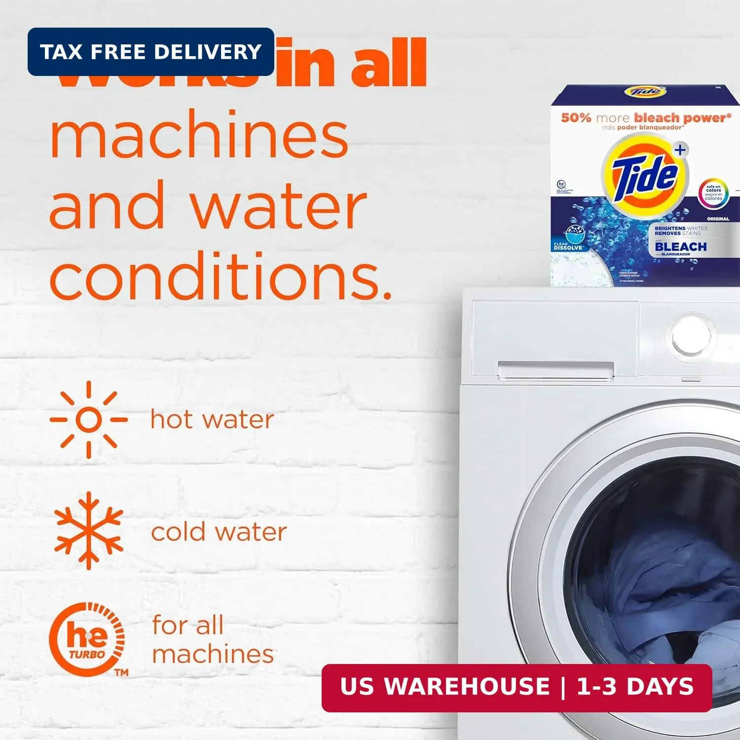 Tide Powder Laundry Detergent with Bleach, Original Scent, 89 Loads, 129 oz