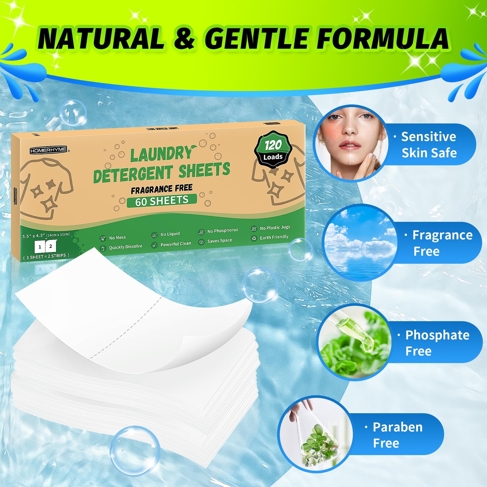 HOMERHYME Laundry Detergent Sheets – Up to 120 Loads (60 1 Count (Pack of 60)