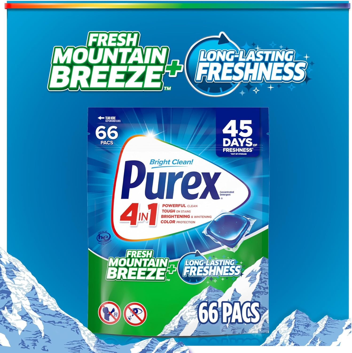 4-in-1 Laundry Detergent Pacs, Mountain Breeze, 66 Count, Brightening and Whiten