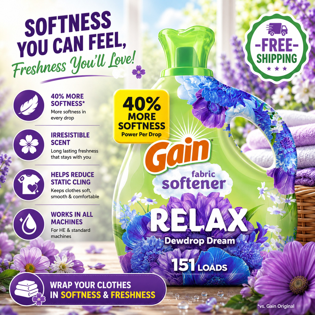 Gain Relax Fabric Softener Dewdrop Dream 101oz 151 Loads- Free Shipping