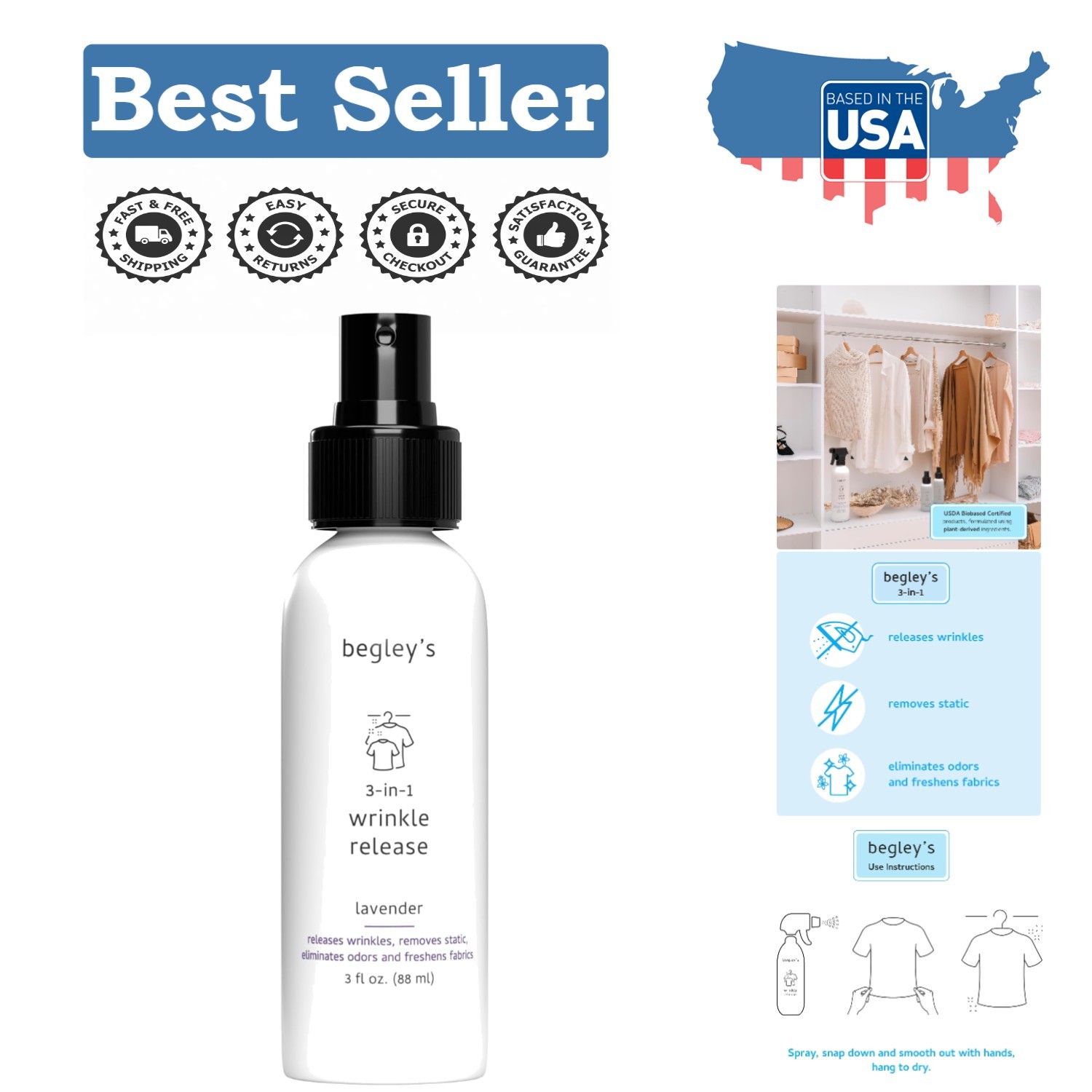 Effortless Wrinkle Release Spray – Eco-Friendly Lavender Fabric Freshener, 3 oz
