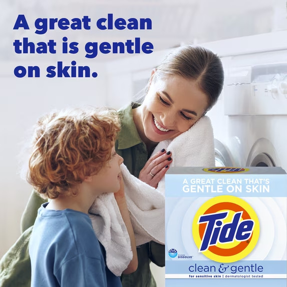 Tide Clean and Gentle Powder Laundry Detergent, Unscented, 77 oz, 68 Washes