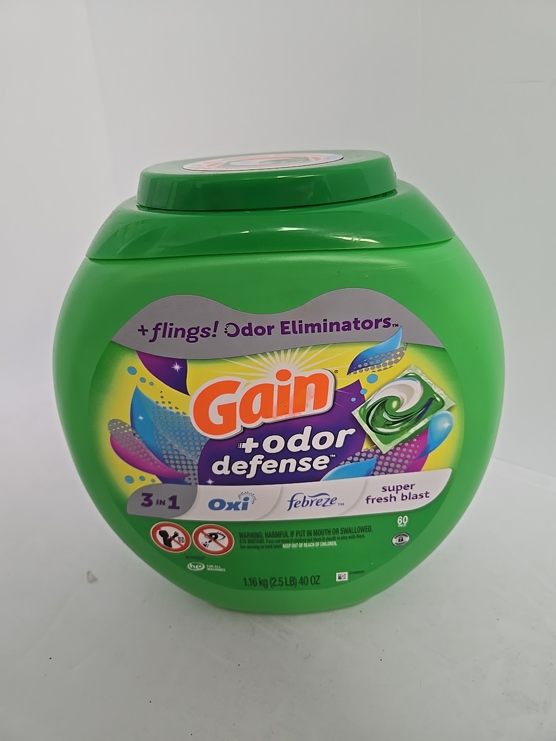 Gain Flings Detergent Pacs with Odor Defense, Super Fresh Blast, 60 Count