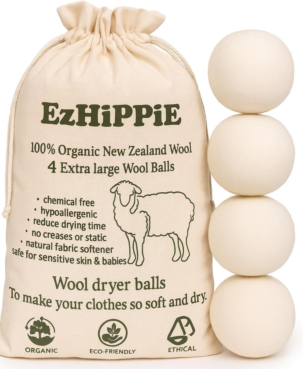 Quality Wool Dryer Balls – 4 XL Pack – 1000+ Loads – Pure Organic Wool – Reus…
