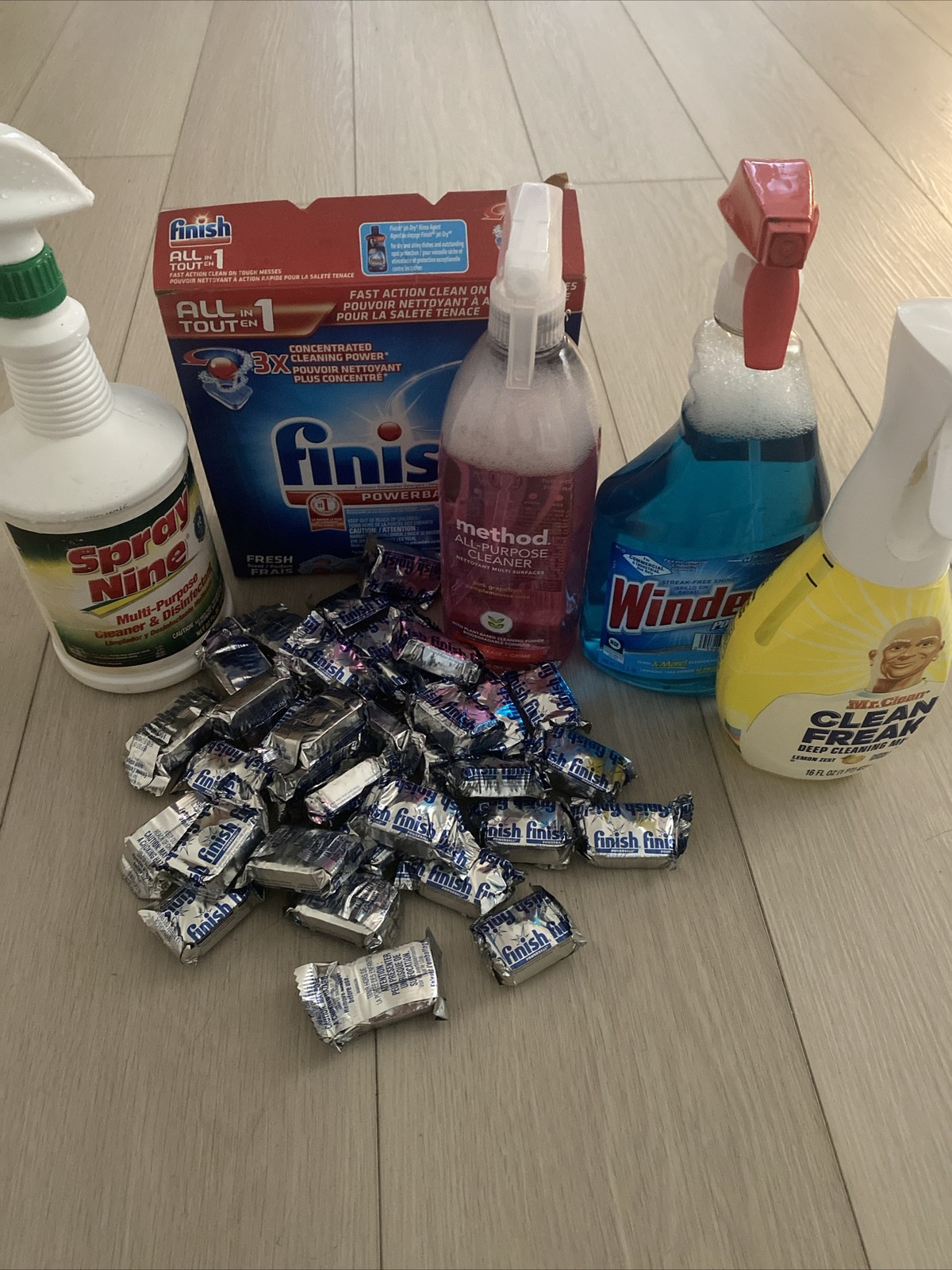Lot Of Cleaning Supplies Windex Dish Washer Pods Mr. Clean Clean Deep Cleaning