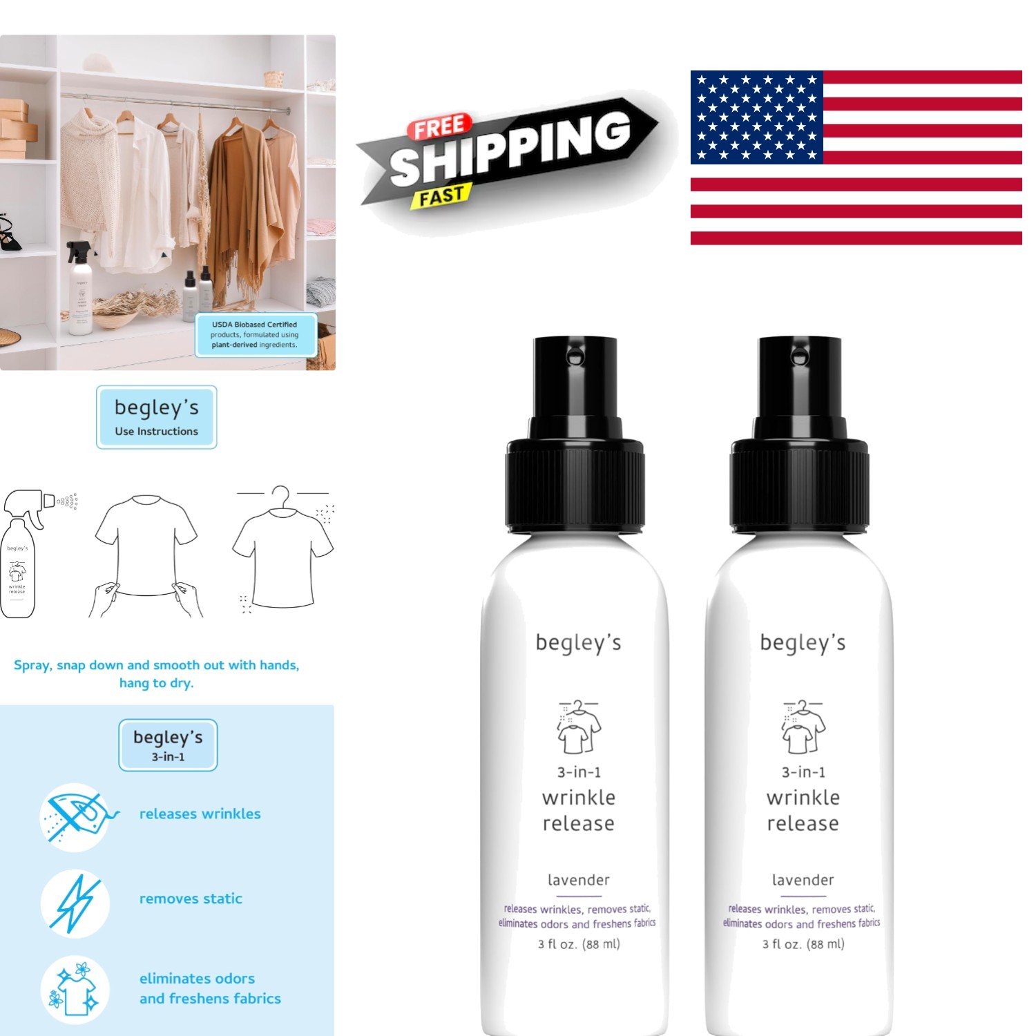 Plant Based Wrinkle Release Spray 3 oz Lavender Odor Eliminator for Fabrics